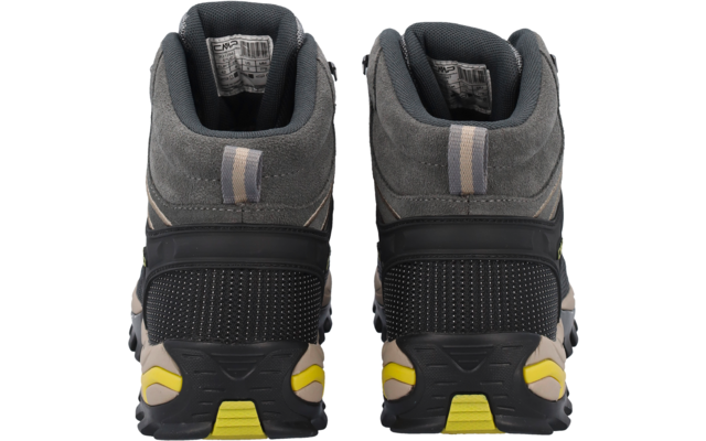 Rückansicht von zwei grauen Schuhen mit gepolstertem Schaft, gestreiften Zugschlaufen, schwarzem Fersenbereich mit punktierter Textur und schwarzer Laufsohle mit gelben Akzenten