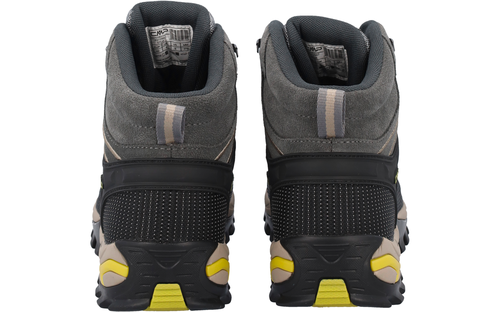 Rückansicht von zwei grauen Schuhen mit gepolstertem Schaft, gestreiften Zugschlaufen, schwarzem Fersenbereich mit punktierter Textur und schwarzer Laufsohle mit gelben Akzenten