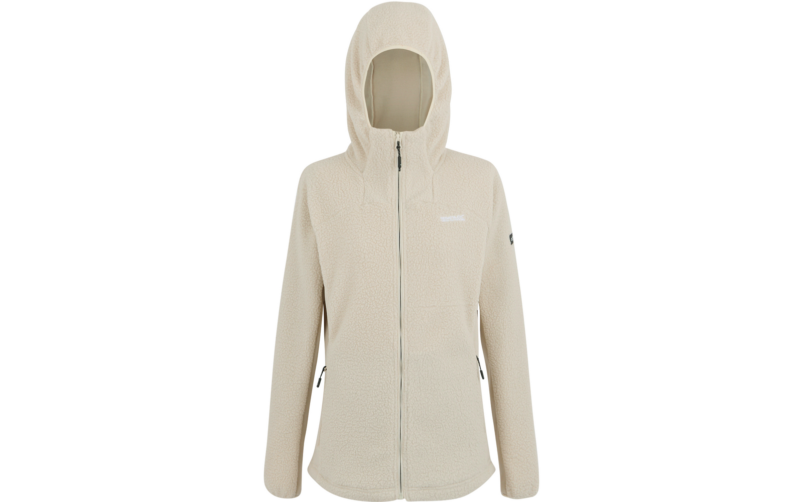 Beige Kapuzenjacke mit Reißverschluss und langen Ärmeln, von vorne sichtbar