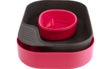 Drie in elkaar gestapelde kommen in roze en zwart op een witte achtergrond