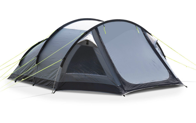 Tenda da campeggio grigia e nera con ingresso aperto