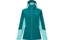 Türkise Jacke mit helltürkisen Einsätzen, Kapuze, durchgehendem Reißverschluss und zwei seitlichen Reißverschlusstaschen, Vorderansicht
