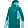 Zweifarbige dunkel- und helltürkise Outdoorjacke mit Kapuze, durchgehendem Frontreißverschluss, sichtbarem Logo auf der linken Brust und hellen Einsätzen an Ärmeln und Kapuzeninnenseite