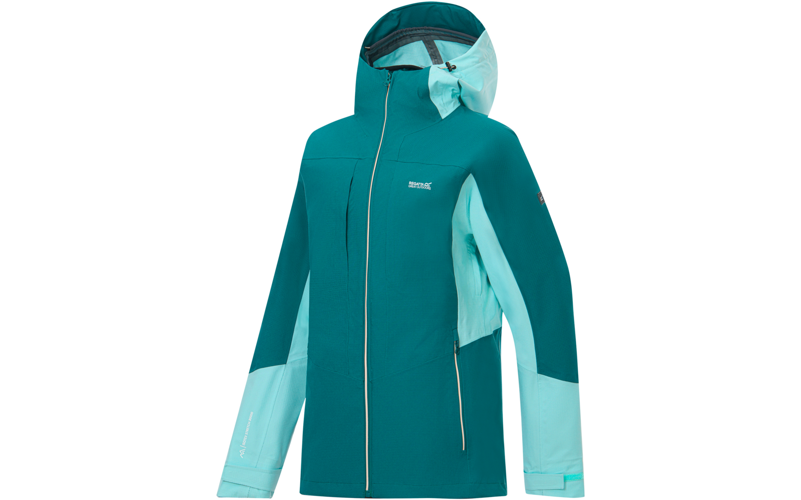 Zweifarbige dunkel- und helltürkise Outdoorjacke mit Kapuze, durchgehendem Frontreißverschluss, sichtbarem Logo auf der linken Brust und hellen Einsätzen an Ärmeln und Kapuzeninnenseite