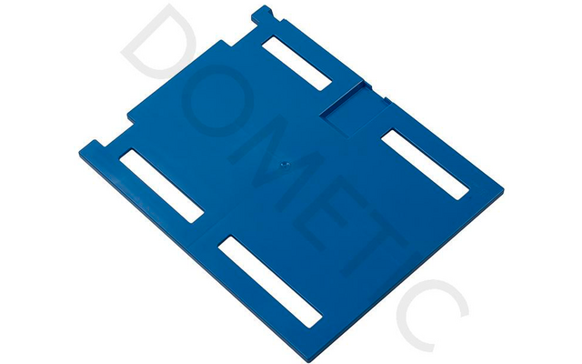 Blue rectangular plastic plate with four elongated slots, small raised center nub and diagonal watermark DOMETIC