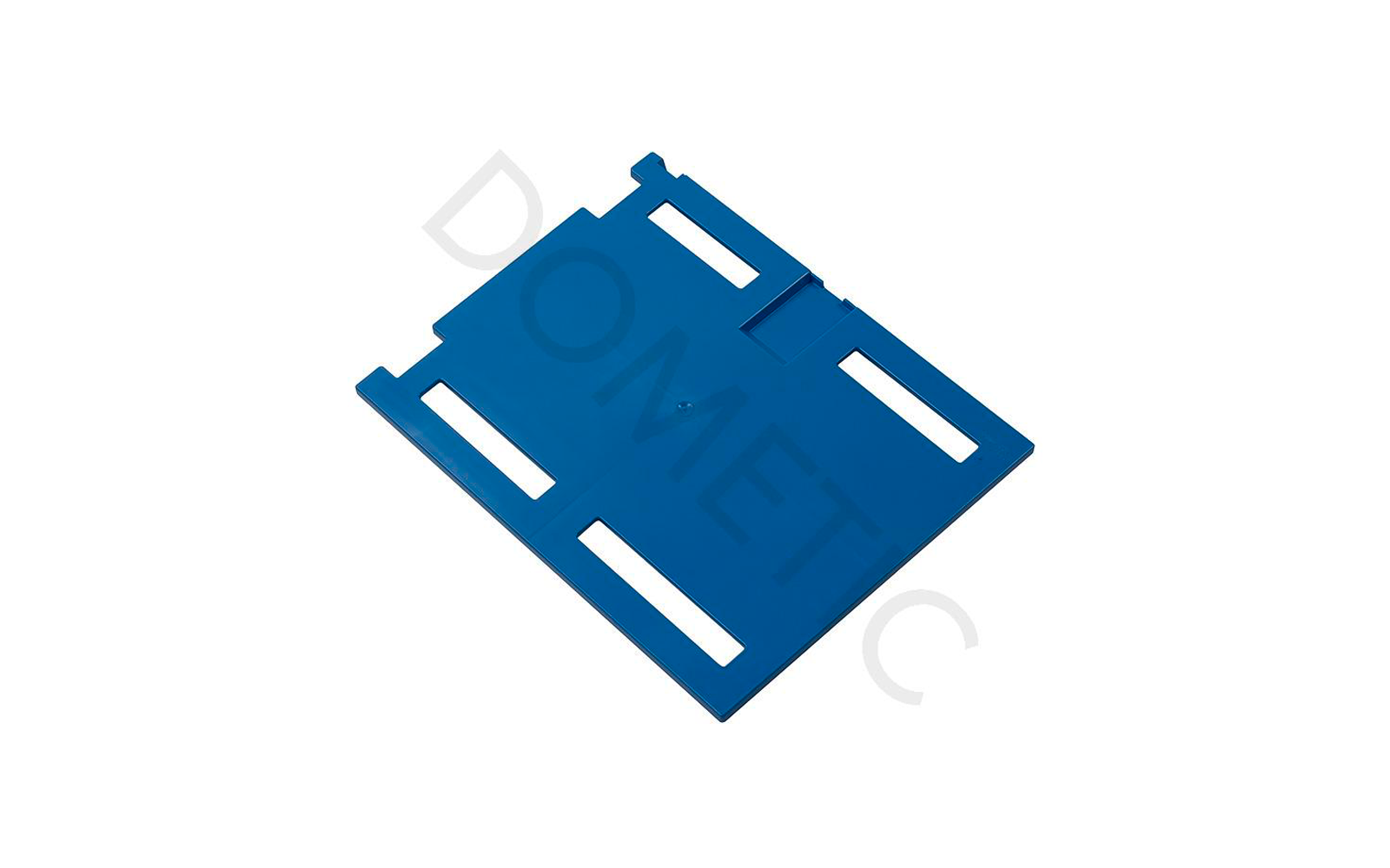 Blue rectangular plastic plate with four elongated slots, small raised center nub and diagonal watermark DOMETIC
