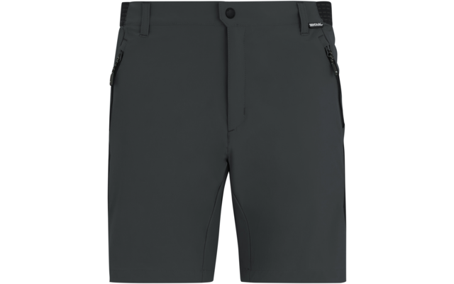 Dunkelgraue kurze Shorts mit Knopf- und Reißverschluss, Gürtelschlaufen und zwei vorderen Reißverschlusstaschen