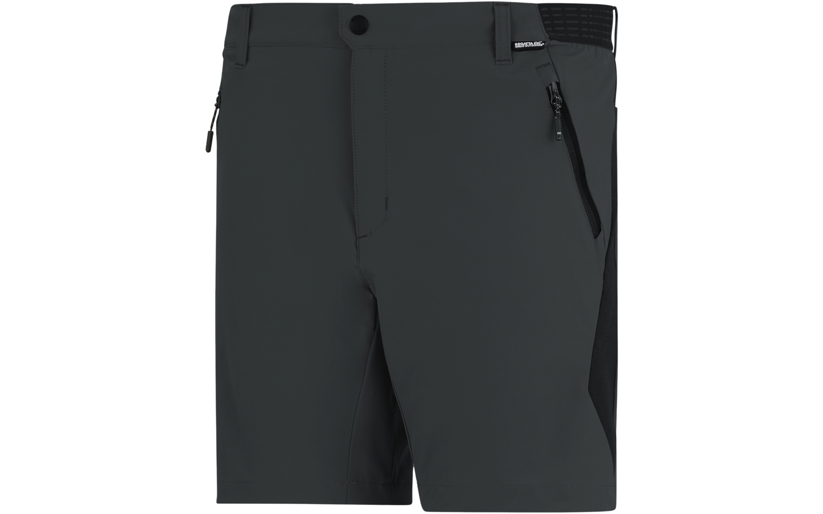 Kurze dunkelgraue Shorts mit Knopfverschluss, Gürtelschlaufen und seitlicher Reißverschlusstasche