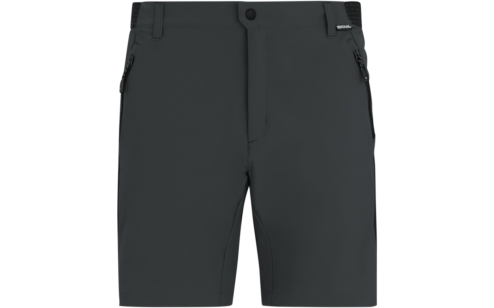 Dunkelgraue kurze Shorts mit Knopf- und Reißverschluss, Gürtelschlaufen und zwei vorderen Reißverschlusstaschen