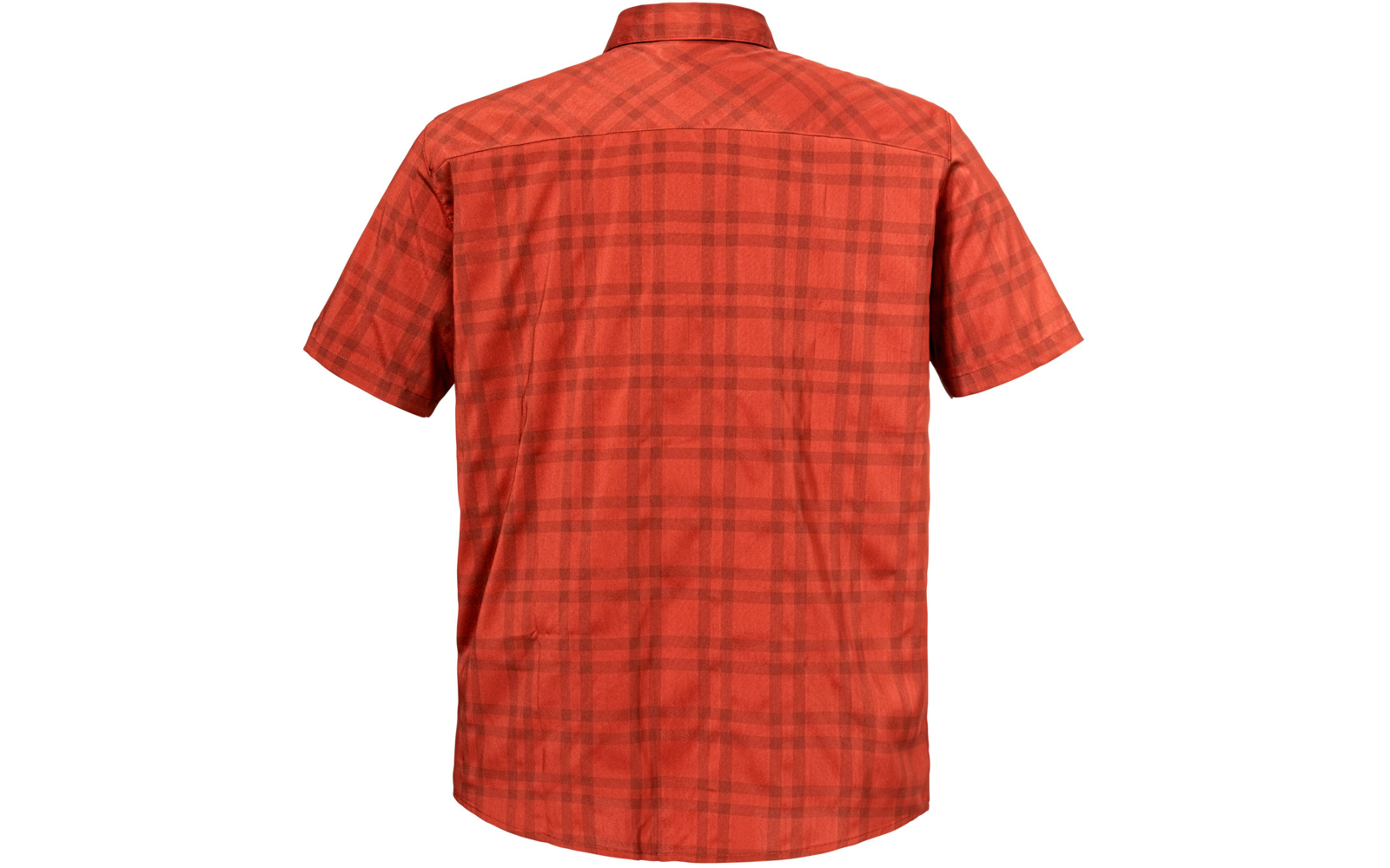 Rückansicht eines kurzärmligen, karierten roten Hemdes auf weißem Hintergrund