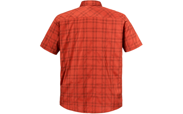 Rückansicht eines kurzärmligen, karierten roten Hemdes auf weißem Hintergrund
