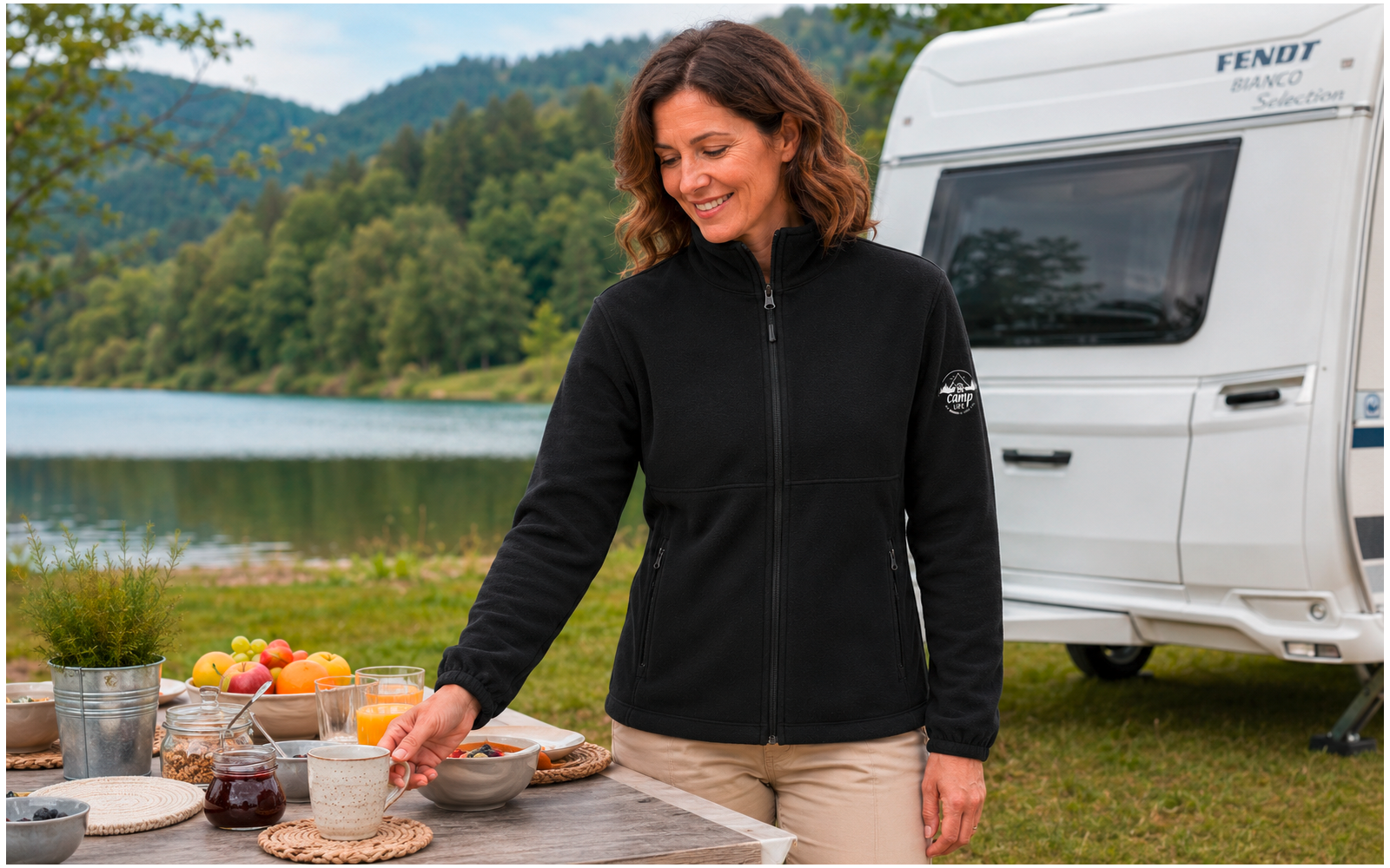 Vrouw in zwarte fleecejas en beige broek staat bij een houten tafel met fruit, glazen en servies; caravan, meer en beboste heuvels op de achtergrond
