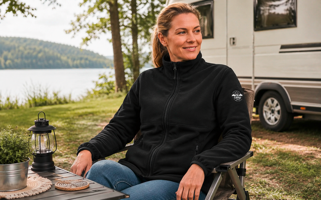 Vrouw zit op een campingstoel naast een camper aan de oever van een meer, tafel met lantaarn en onderzetters op de voorgrond, bomen op de achtergrond