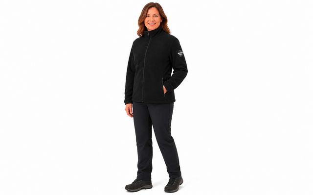 Lachende vrouw met halflang bruin haar, zwarte jas met ritssluiting, zwarte broek en zwarte schoenen, handen in de zakken, staand voor een witte achtergrond