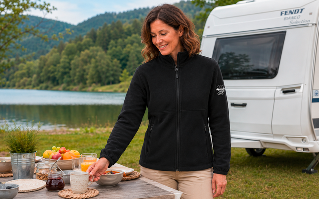 Vrouw in zwarte fleecejas en beige broek staat bij een houten tafel met fruit, glazen en servies; caravan, meer en beboste heuvels op de achtergrond