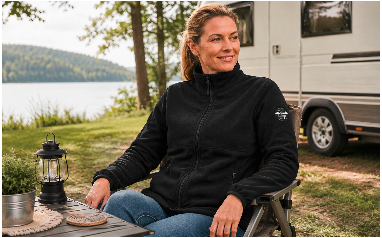 Vrouw zit op een campingstoel naast een camper aan de oever van een meer, tafel met lantaarn en onderzetters op de voorgrond, bomen op de achtergrond