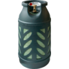 Grijze gasfles met zwart raster-achtige beschermhuls en groene binnenvoering, messing ventiel bovenop en etiket 'UN1965'