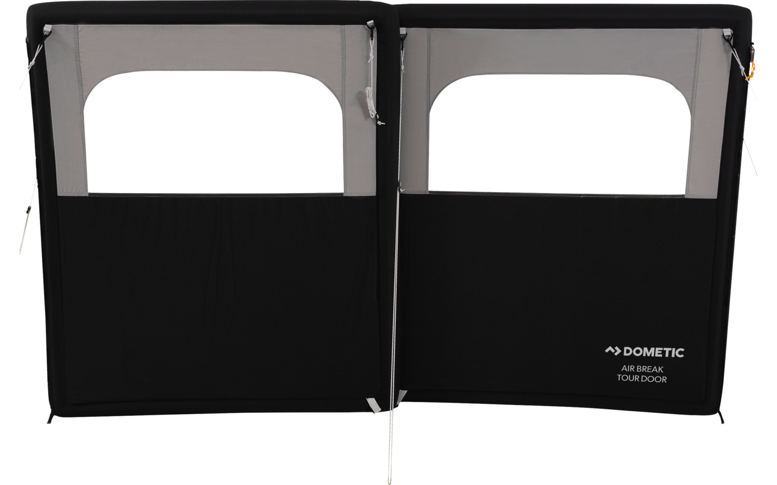 Schwarzes, zweiteiliges Textilpaneel mit zwei rechteckigen hellen Fenstern oben, silbernes Gestänge und Abspannleinen an den Seiten