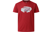 Rotes kurzärmeliges T-Shirt mit Aufdruck eines hellgrauen Retro-Vans, umgeben von weißen und hellblauen Blumen