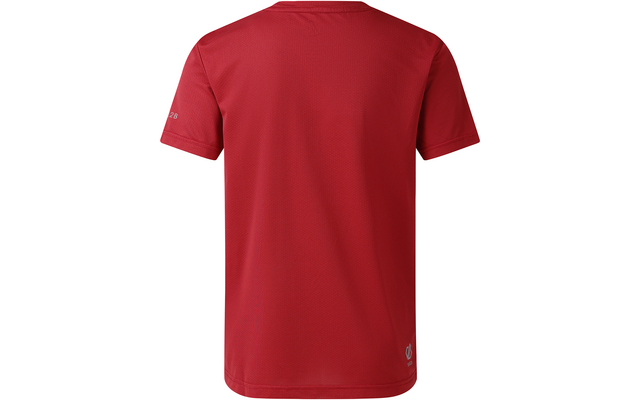 Rückenansicht eines roten kurzärmeligen T-Shirts mit rundem Kragen, feiner Stoffstruktur, weißem Logo unten rechts und weißer Zahl auf dem linken Ärmel