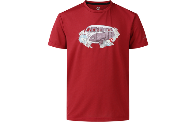 Rotes kurzärmeliges T-Shirt mit Aufdruck eines hellgrauen Retro-Vans, umgeben von weißen und hellblauen Blumen