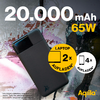 Externe batterij met 20000 mAh capaciteit en 65W vermogen, 2 laptop symbolen, 4 USB symbolen, Aquila logo