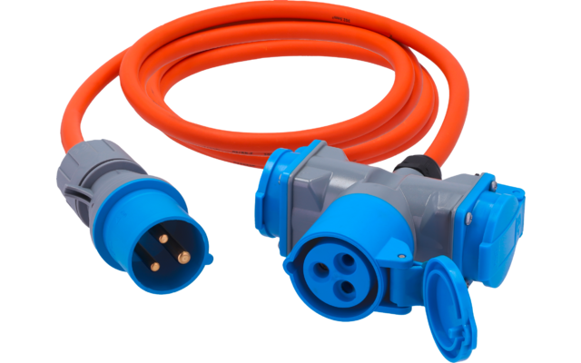 Aufgerolltes orangefarbenes Kabel mit blauen runden Industrie-Steckverbindern (dreipolig) und grauen Gehäusen; eine Schutzkappe offen