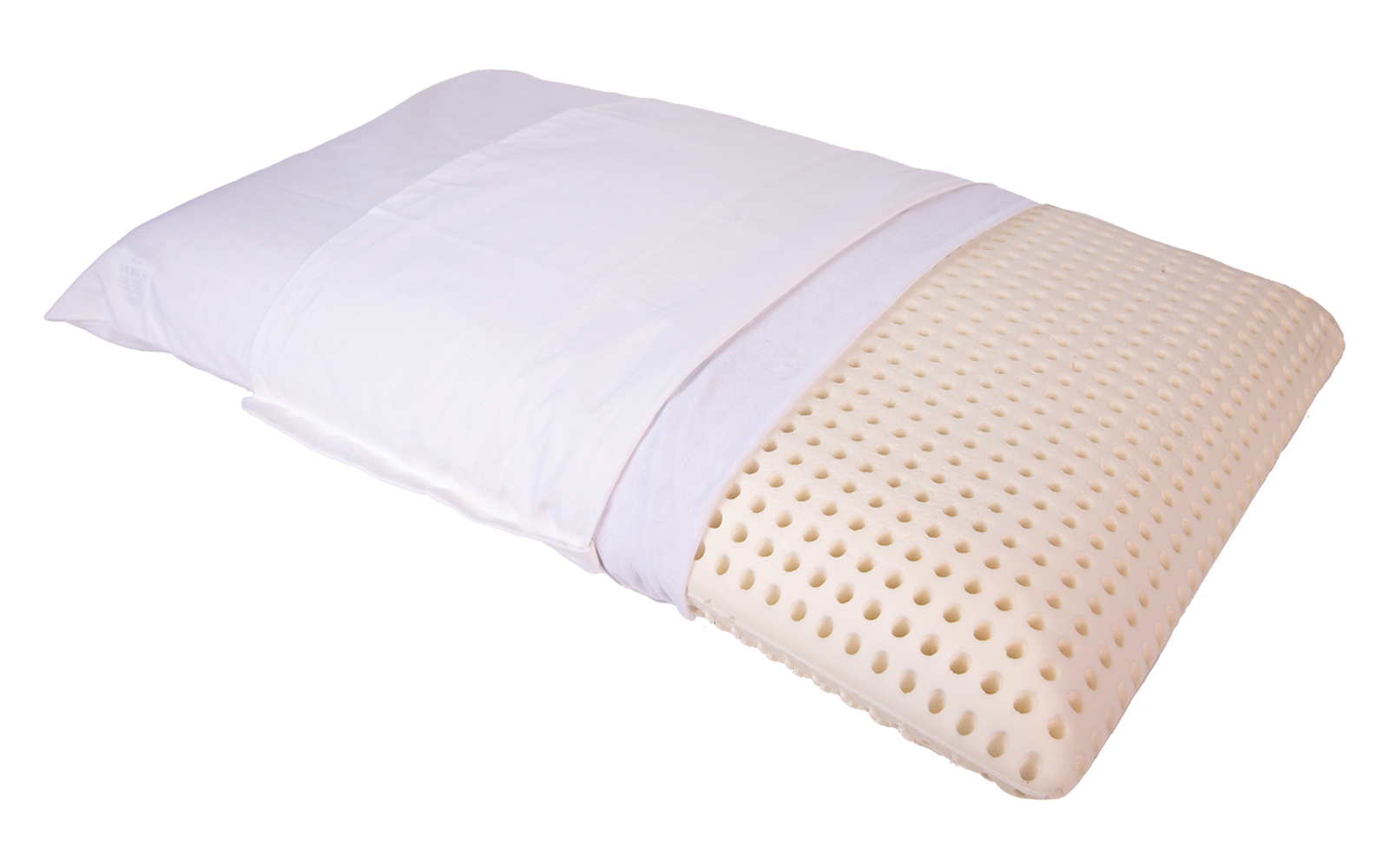 Weißes Kissen mit teilweise entfernter Hülle, rechts freigelegte beige, gelochte Schaumstoffeinlage