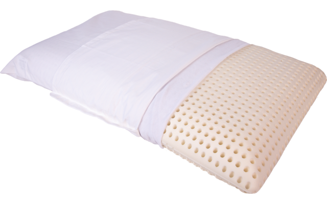 Weißes Kissen mit teilweise entfernter Hülle, rechts freigelegte beige, gelochte Schaumstoffeinlage