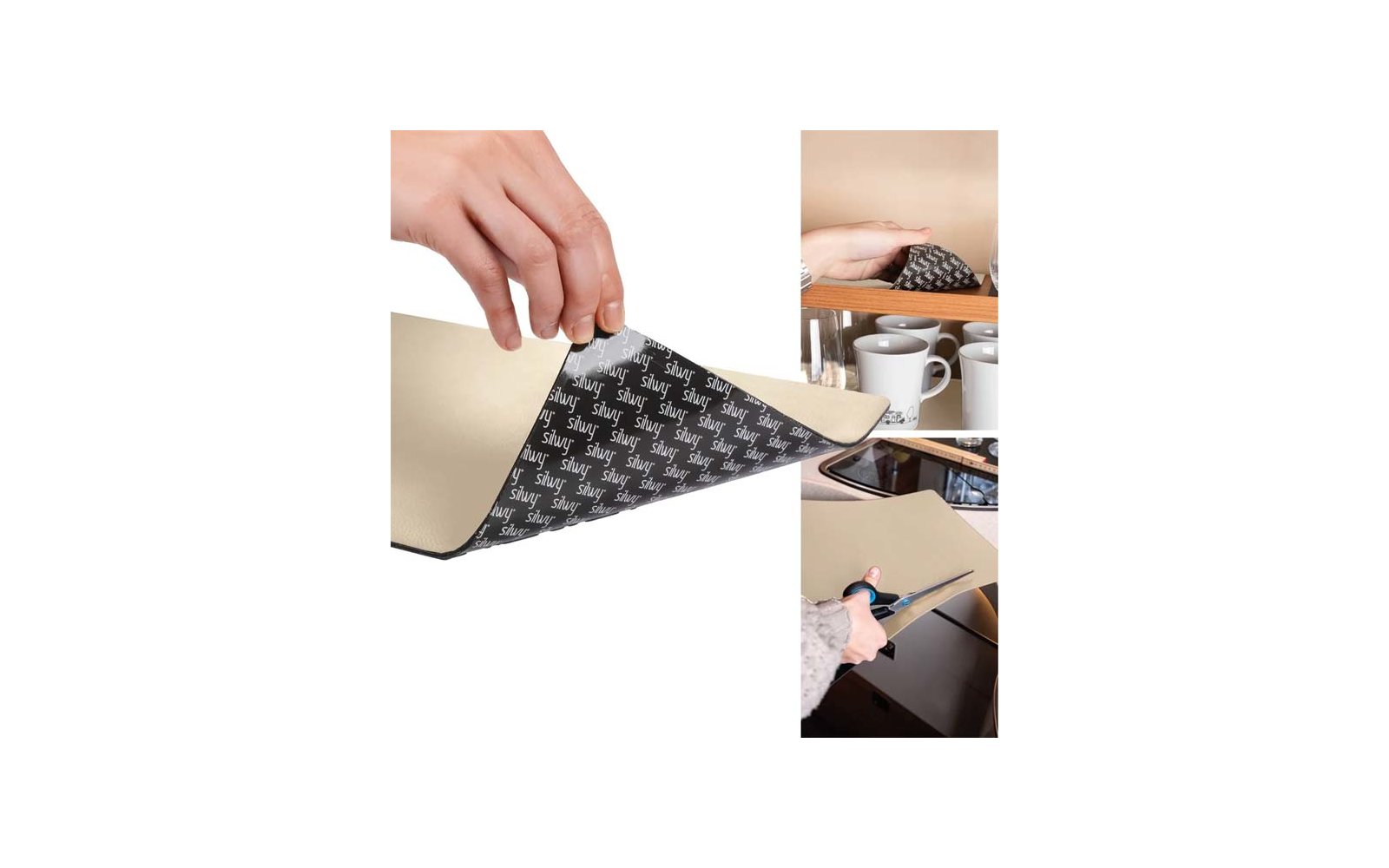 Hand holding a rectangular beige material; a corner is lifted to show a black underside with repeated white lettering; top right a piece lies in a cabinet next to several cups; bottom right a hand cuts the material with scissors