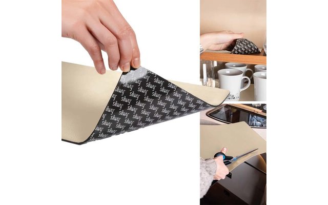 Hand holding a rectangular beige material; a corner is lifted to show a black underside with repeated white lettering; top right a piece lies in a cabinet next to several cups; bottom right a hand cuts the material with scissors