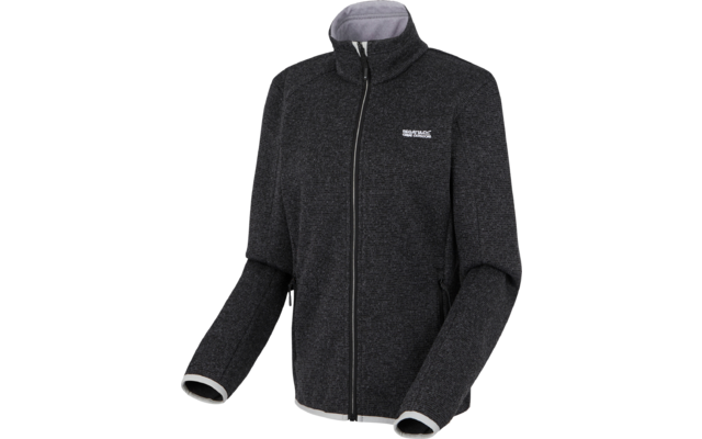 Dunkelgraue Fleecejacke mit durchgehendem Reißverschluss, Stehkragen und weißen Bündchen