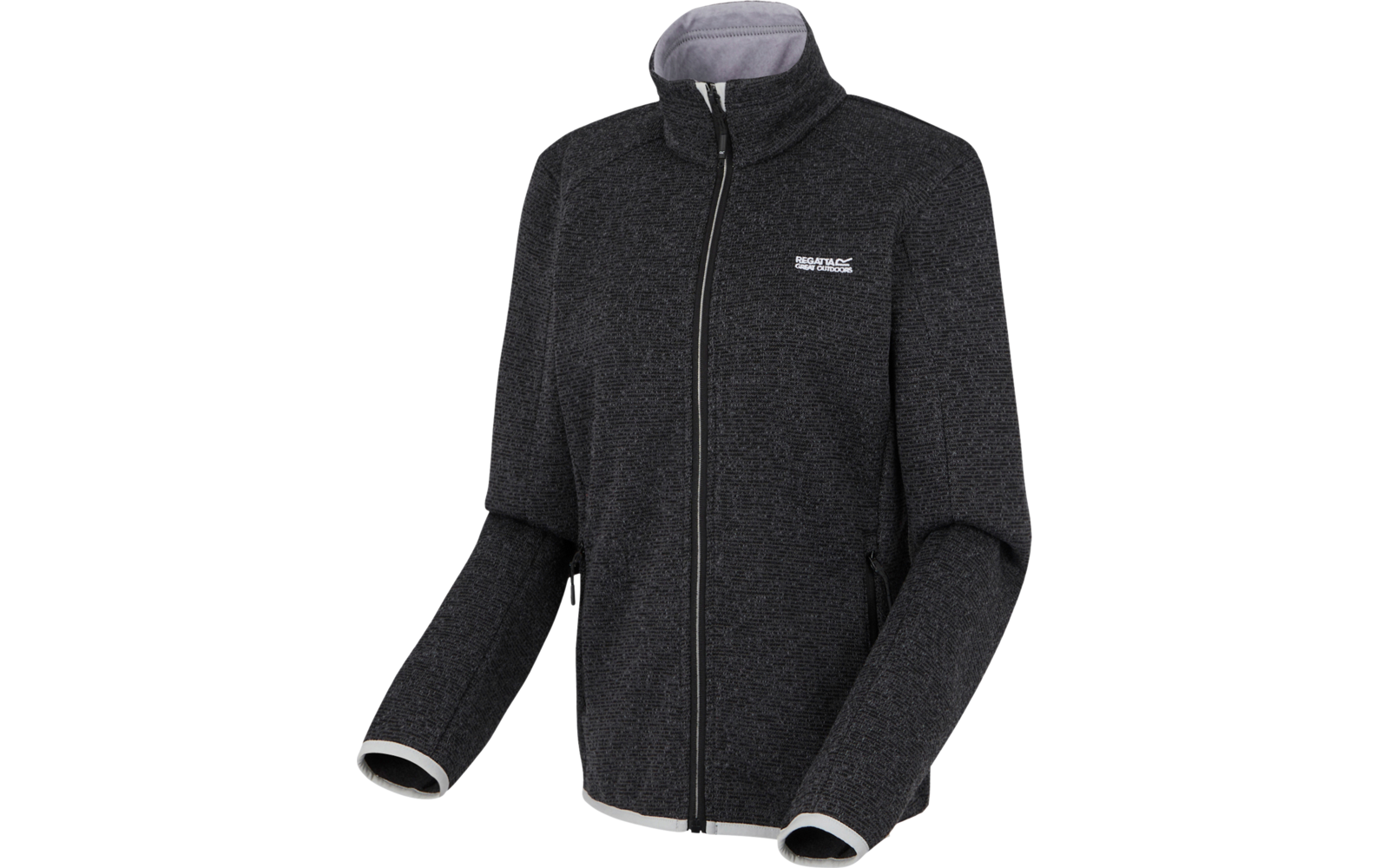 Dunkelgraue Fleecejacke mit durchgehendem Reißverschluss, Stehkragen und weißen Bündchen