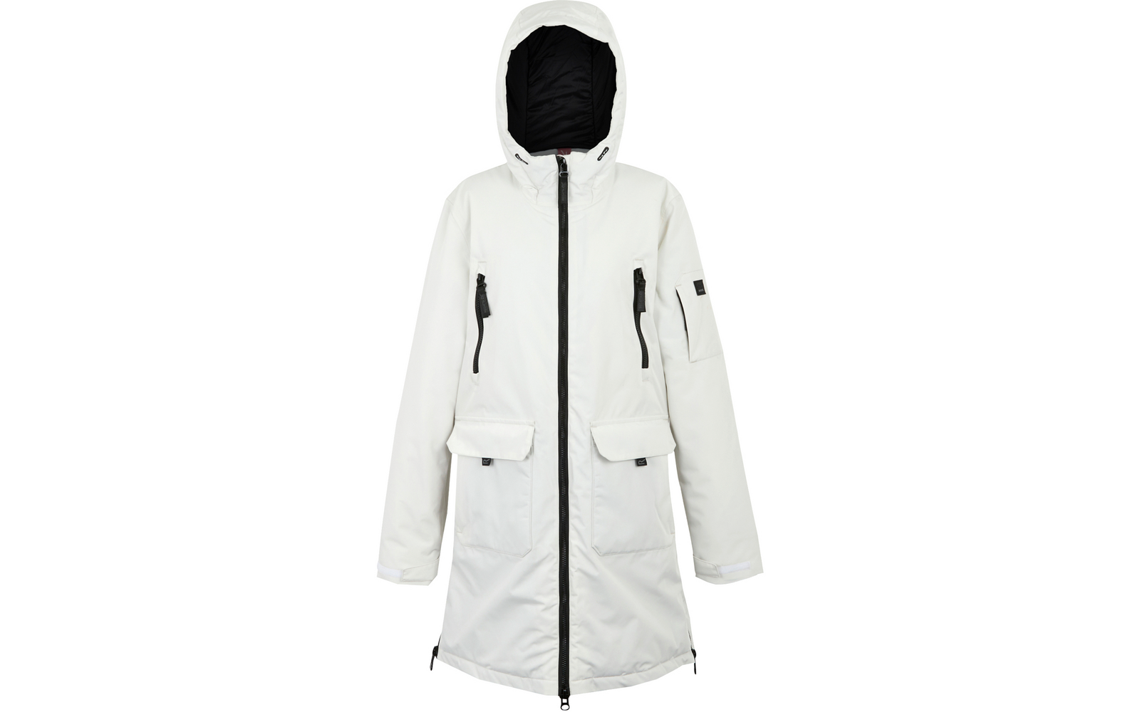 Weiße gefütterte Winterjacke mit Kapuze und Reißverschluss