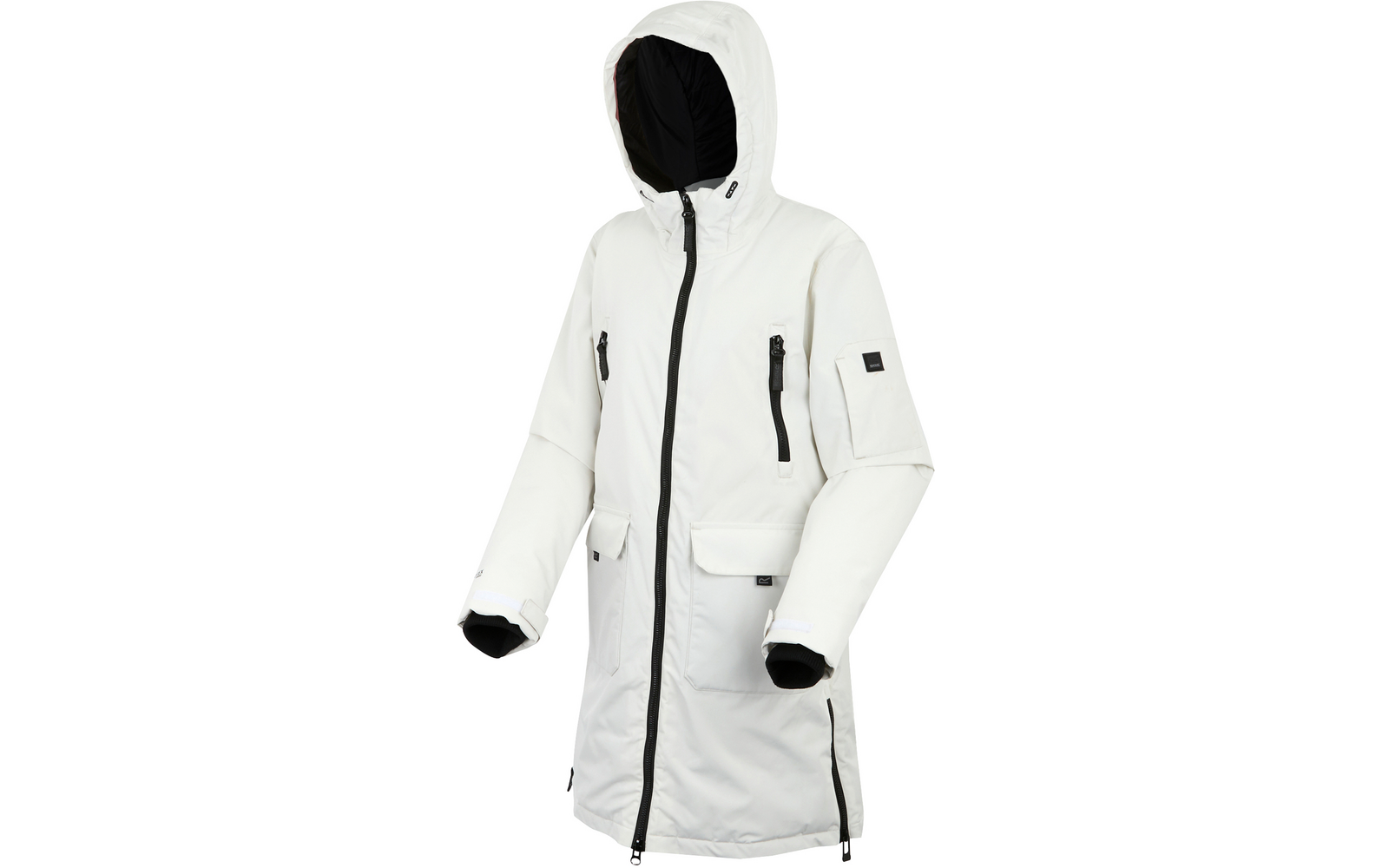 Weiße, lange Kapuzenjacke mit Reißverschluss und schwarzen Details
