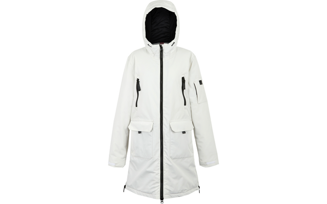 Weiße gefütterte Winterjacke mit Kapuze und Reißverschluss