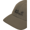Beige Baseballkappe mit geschwungener Krempe, vorne Schriftzug und Pfotenlogo "Jack Wolfskin"