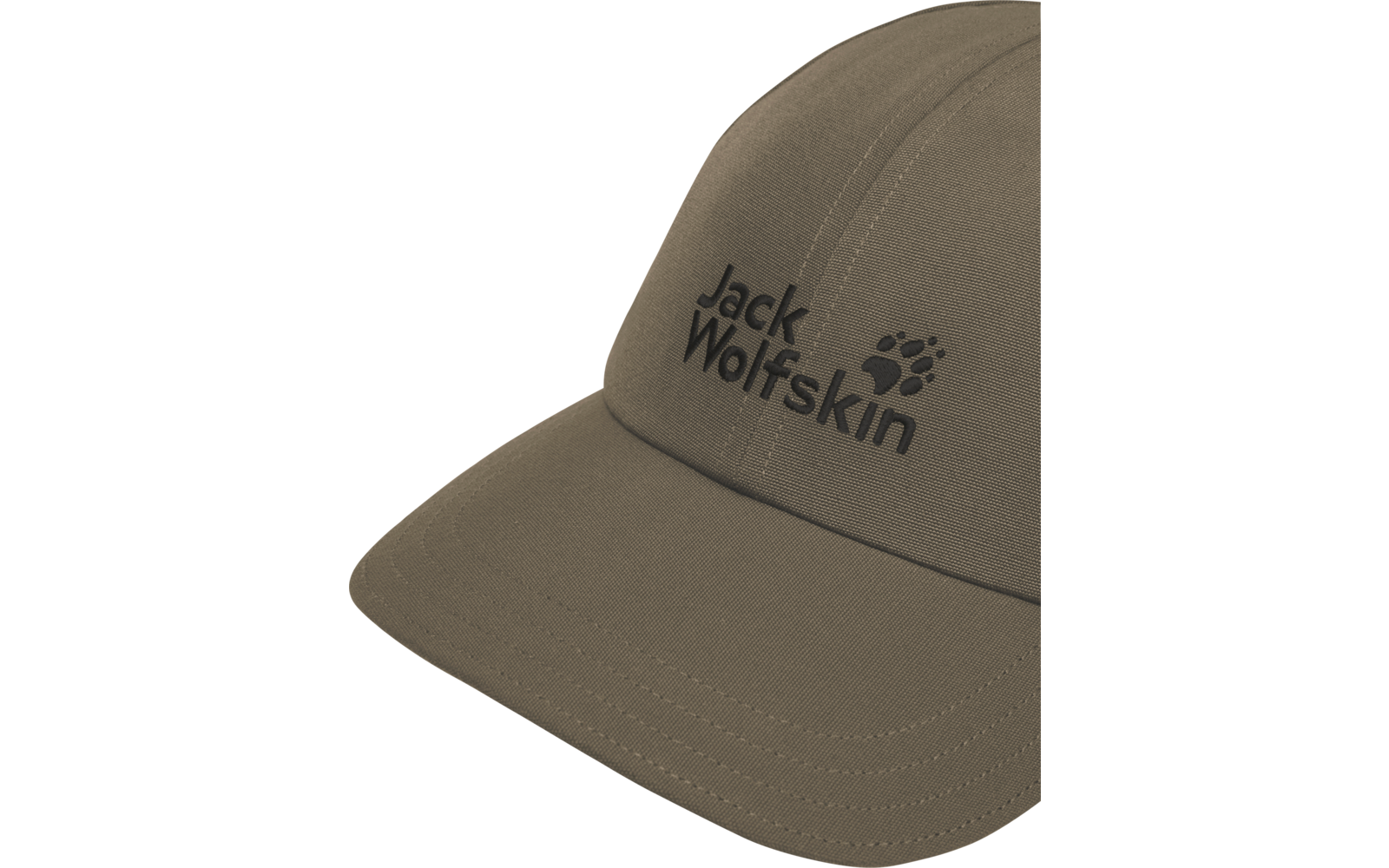 Beige Baseballkappe mit geschwungener Krempe, vorne Schriftzug und Pfotenlogo "Jack Wolfskin"