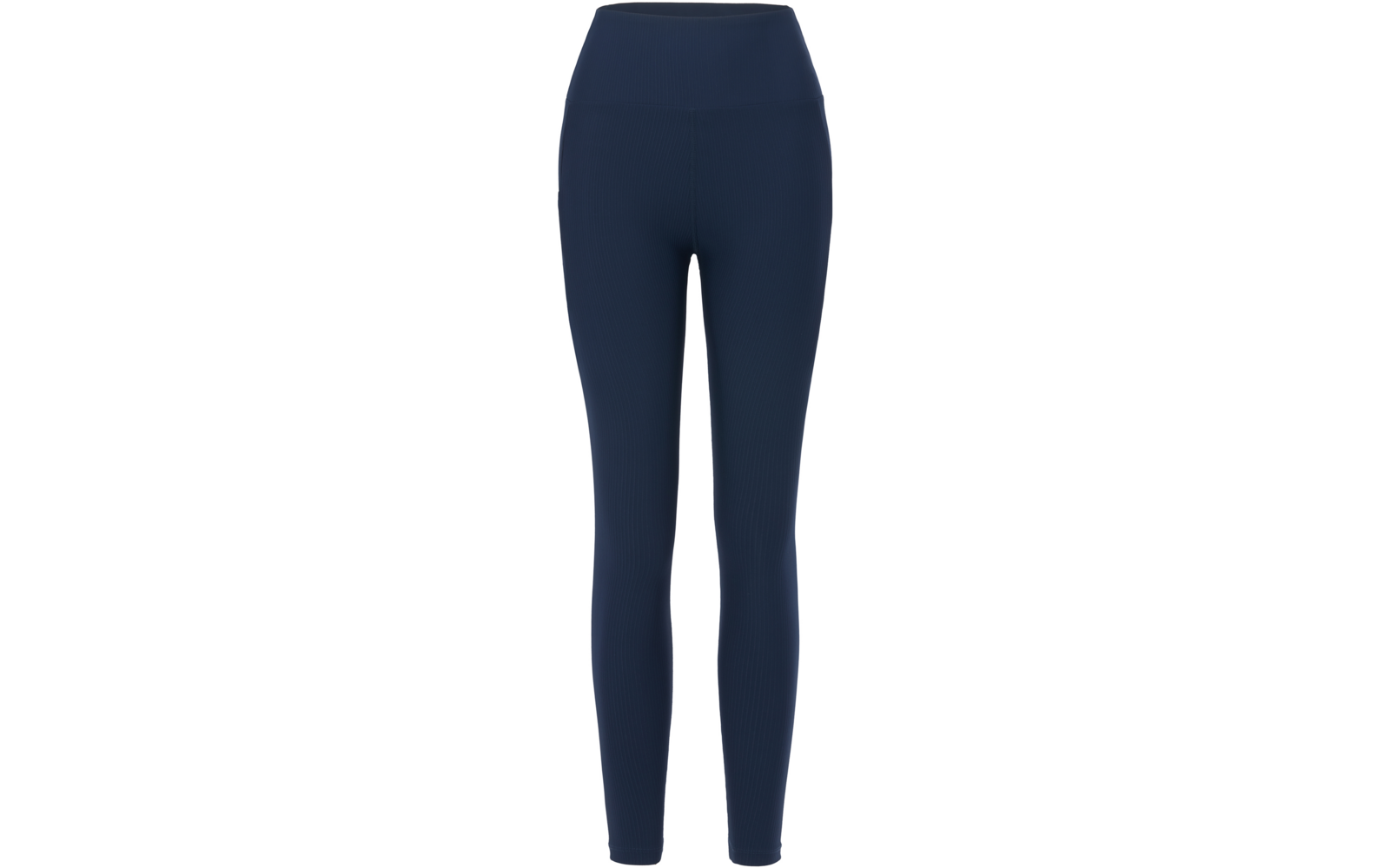 Leggings azul oscuro hasta el tobillo con cintura alta, vista frontal; tejido liso con ligera textura en las pantorrillas
