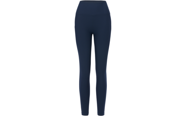 Leggings azul oscuro hasta el tobillo con cintura alta, vista frontal; tejido liso con ligera textura en las pantorrillas