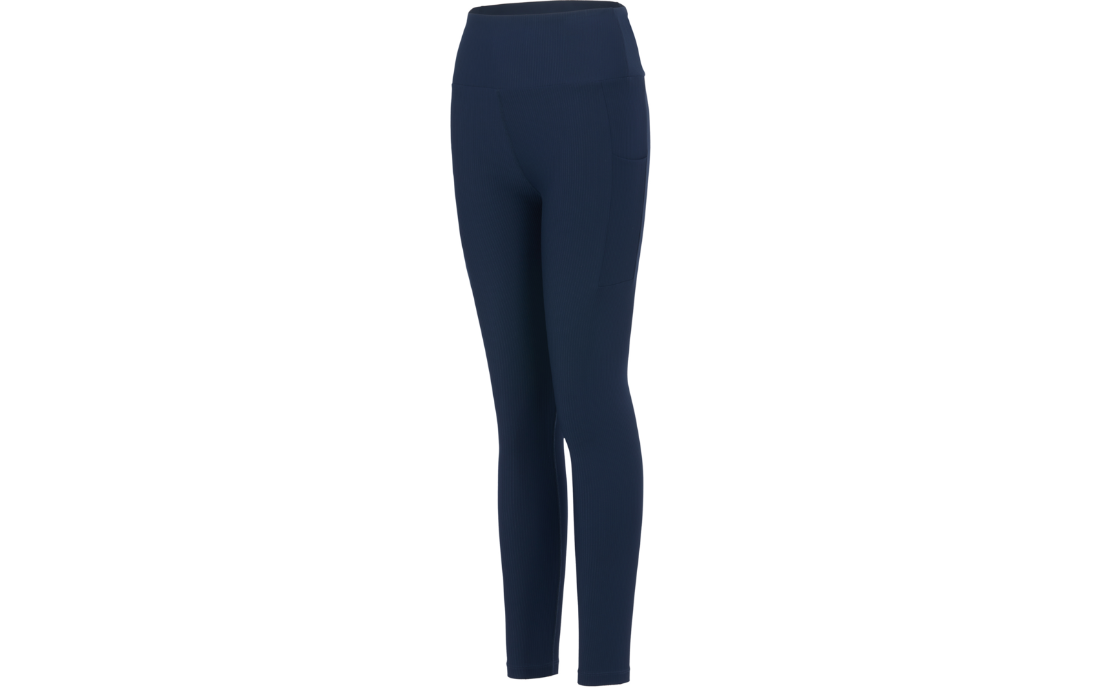 Mallas azul oscuro con cintura alta y bolsillo lateral, recortadas sobre fondo blanco