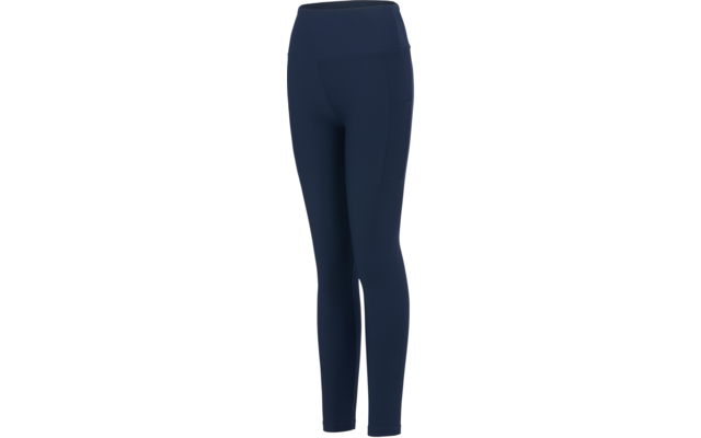 Mallas azul oscuro con cintura alta y bolsillo lateral, recortadas sobre fondo blanco