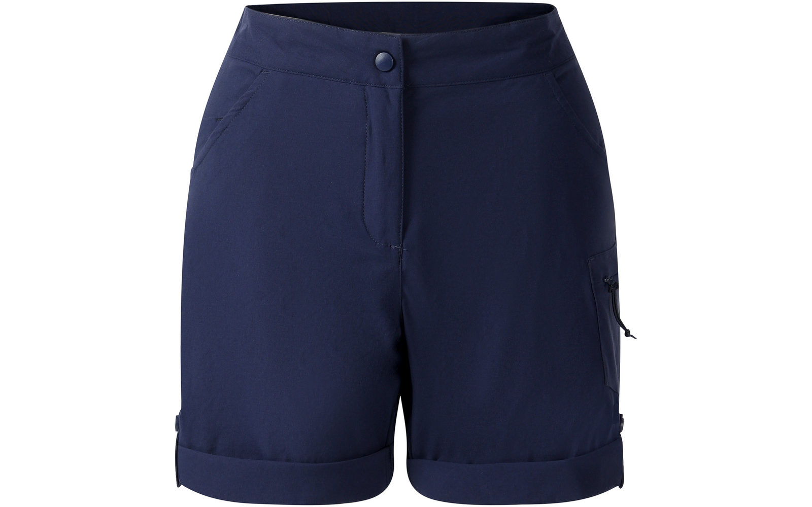Dunkelblaue kurze Shorts mit Knopf und Reißverschluss, zwei vordere Taschen, Reißverschlusstasche rechts, umgeschlagener Saum, Frontalansicht