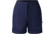 Dunkelblaue kurze Shorts mit Knopf und Reißverschluss, zwei vordere Taschen, Reißverschlusstasche rechts, umgeschlagener Saum, Frontalansicht