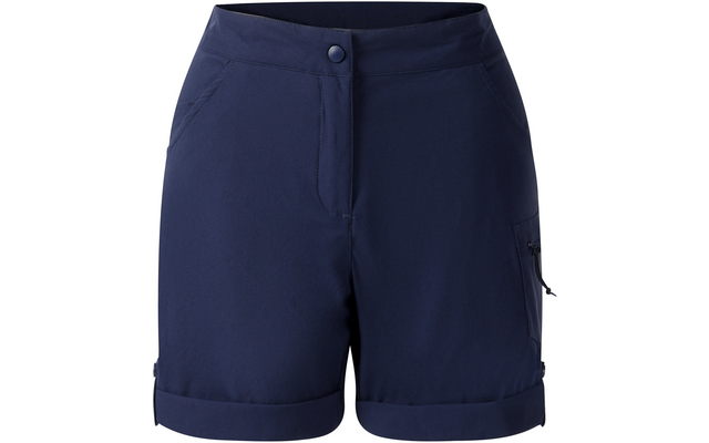 Dunkelblaue kurze Shorts mit Knopf und Reißverschluss, zwei vordere Taschen, Reißverschlusstasche rechts, umgeschlagener Saum, Frontalansicht
