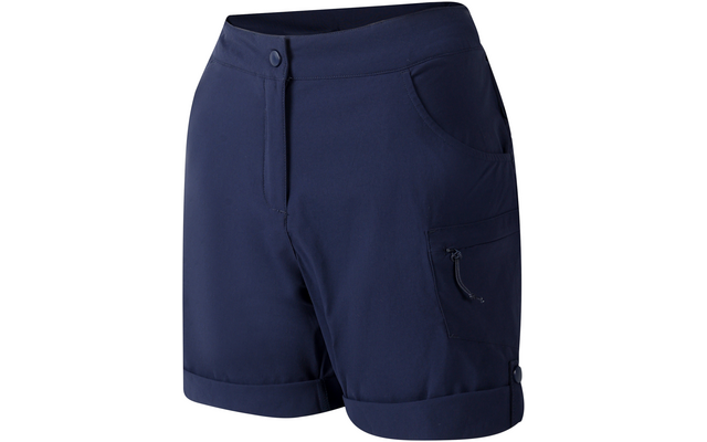 Dunkelblaue Shorts mit umgeschlagenem Saum, zwei vorderen Taschen, seitlicher Reißverschlusstasche rechts und sichtbarem Knopfverschluss
