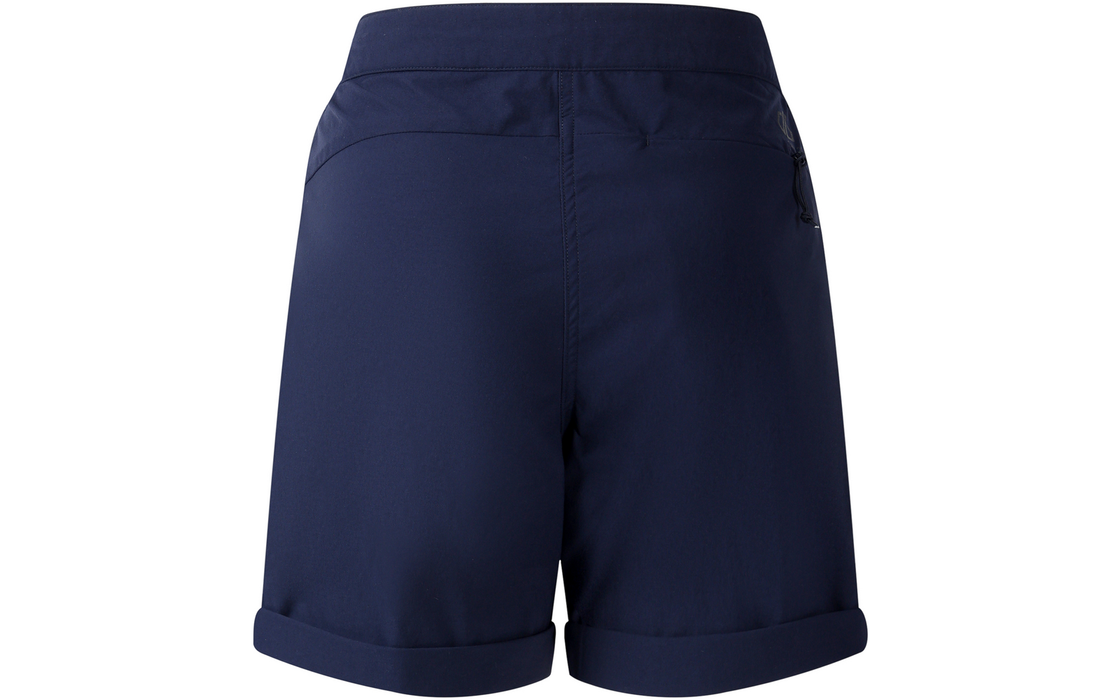 Dunkelblaue Shorts, Rückansicht, umgeschlagener Saum, mittige Naht, kleine Reißverschlusstasche in der rechten Seitennaht