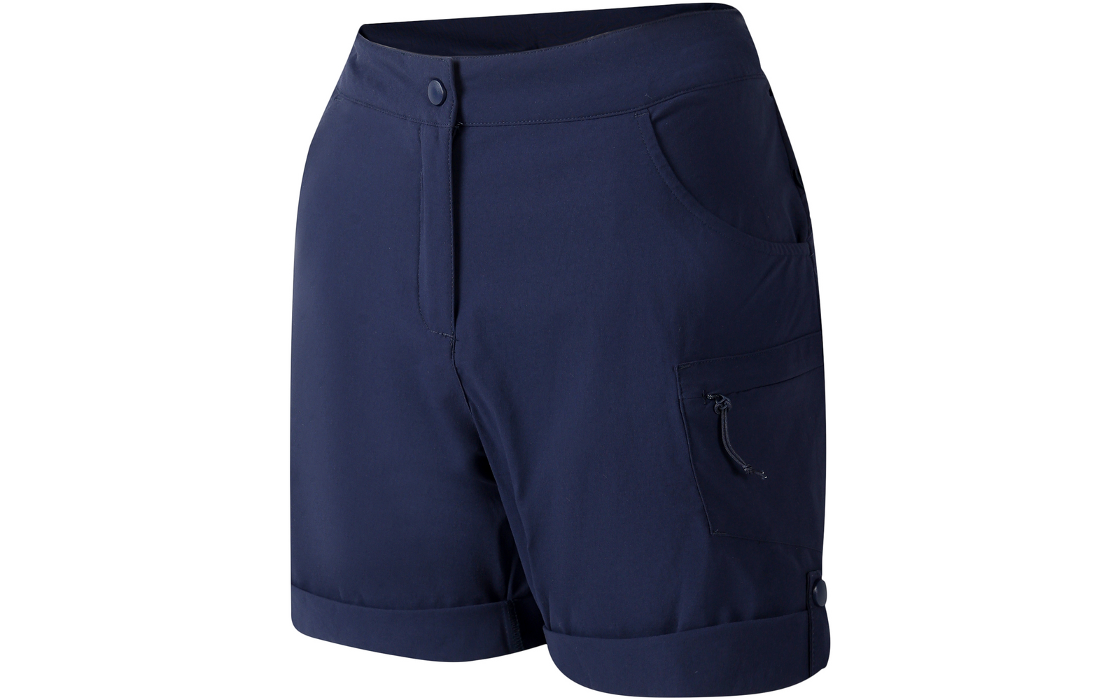 Dunkelblaue Shorts mit umgeschlagenem Saum, zwei vorderen Taschen, seitlicher Reißverschlusstasche rechts und sichtbarem Knopfverschluss