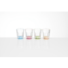 Four transparent empty glasses with colored bases (blue, red, green, orange) side by side on a white surface with reflections