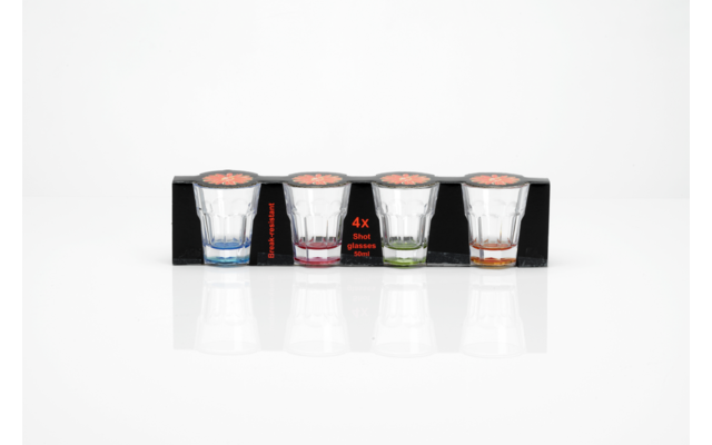 Four shot glasses in black packaging, each with a colored base (blue, red, green, orange) and an orange‑slice motif on top